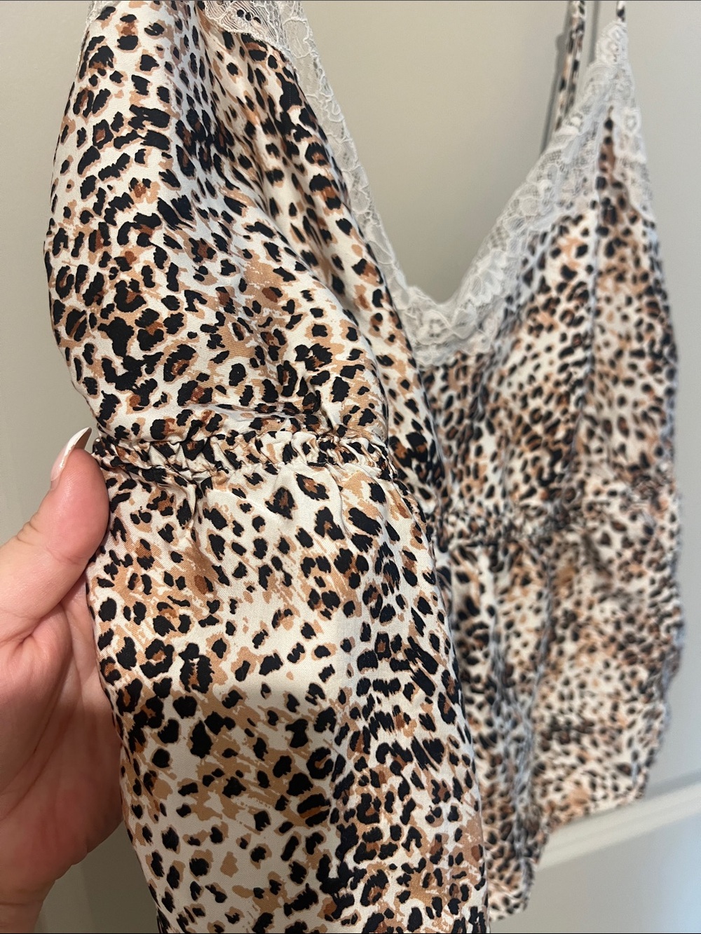 Leopard Print Lace Trim Cami & Shorts Sleep Set - White/Tan XL top L bottom - Picture 3 of 10